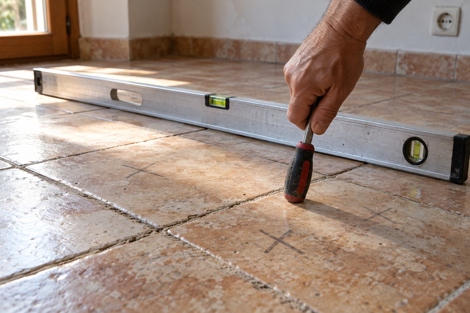 Main qui tapote un carreau au manche d'un tournevis, carreaux creux marqués d'une croix au crayon