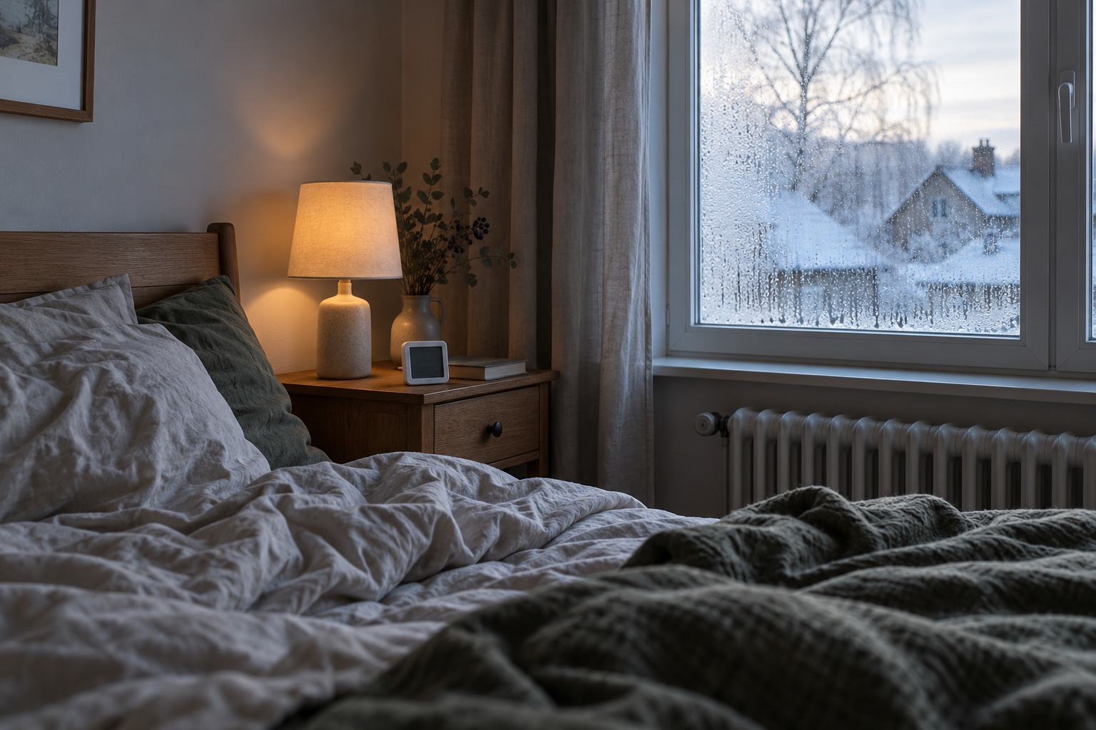 Chambre un matin d'hiver, buée sur la fenêtre et petit hygromètre posé sur la table de chevet