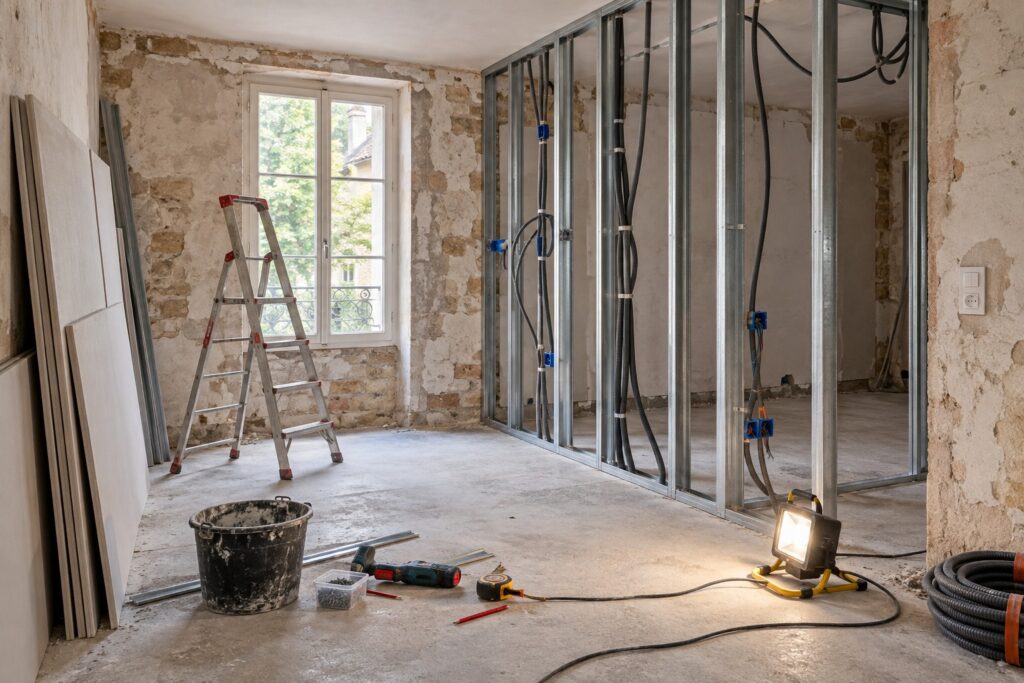 Pièce en rénovation : murs mis à nu, cloison en ossature métallique avec gaines électriques, plaques de plâtre en attente