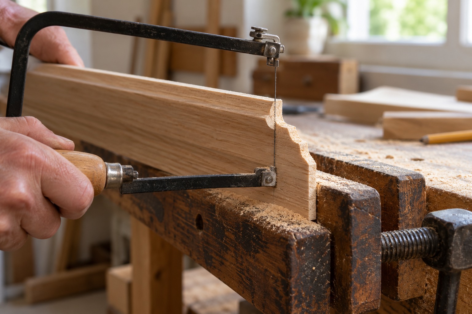 Scie à chantourner suivant le profil mouluré d'une plinthe en bois pour réaliser une coupe contre-profilée