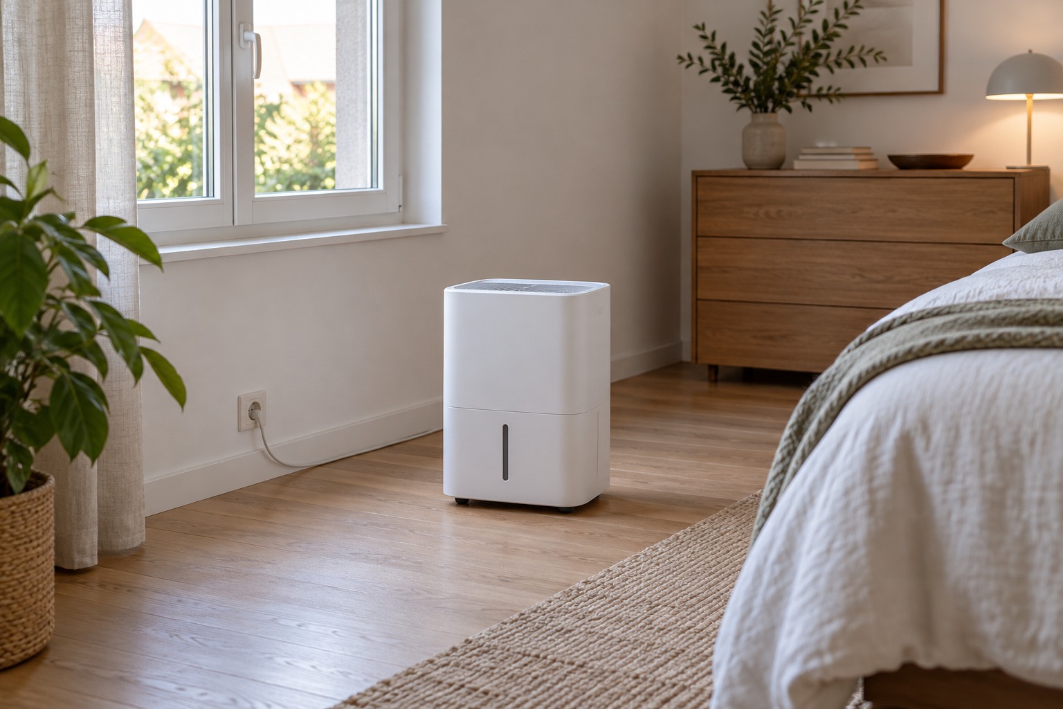 Déshumidificateur compact posé dans une chambre, loin des murs et du lit, fenêtre fermée, câble rangé