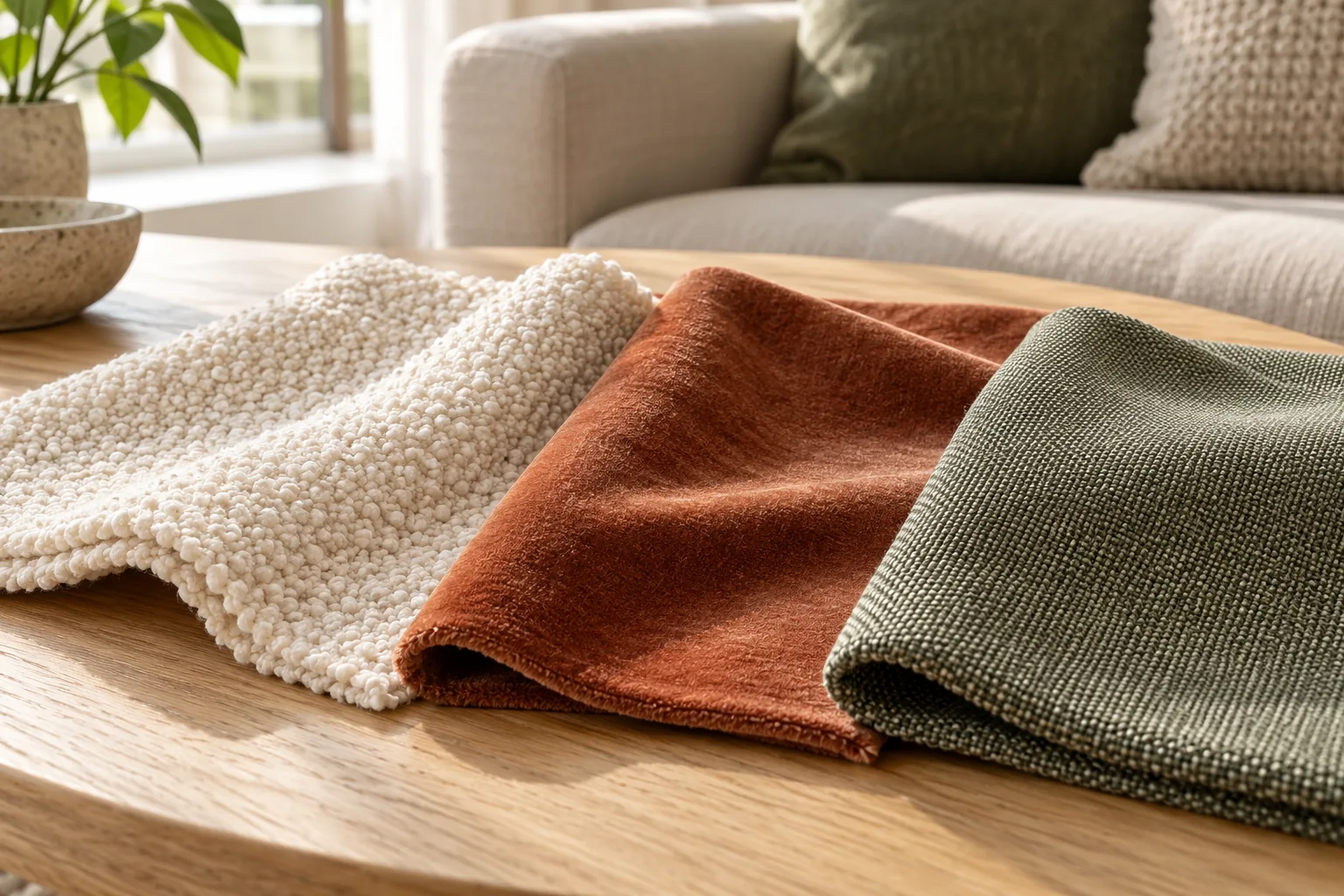 Échantillons de bouclette écrue, de velours terracotta et de tissu tissé vert sauge sur une table en bois