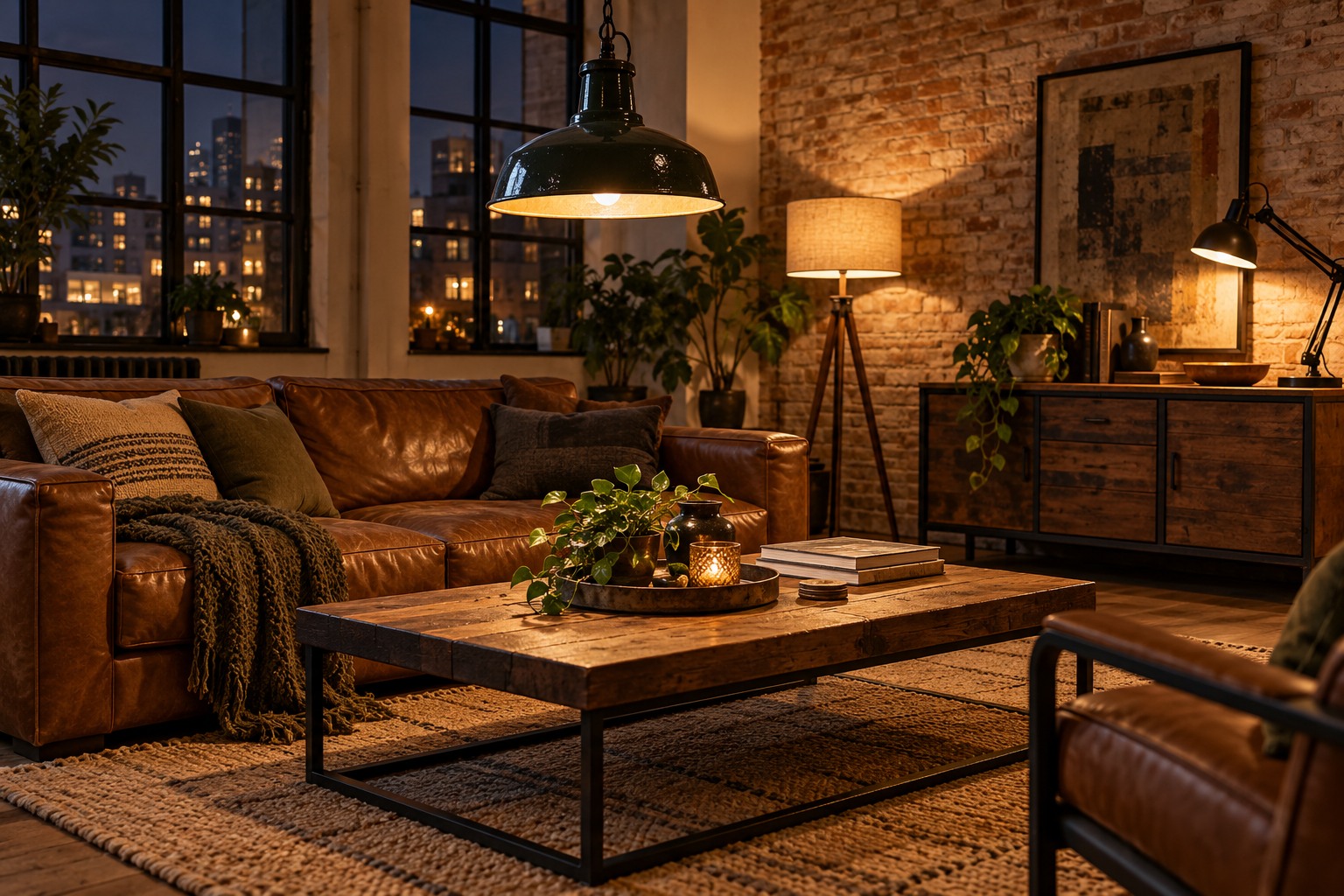 Salon industriel le soir éclairé par une suspension d'atelier, une lampe d'architecte et un lampadaire trépied