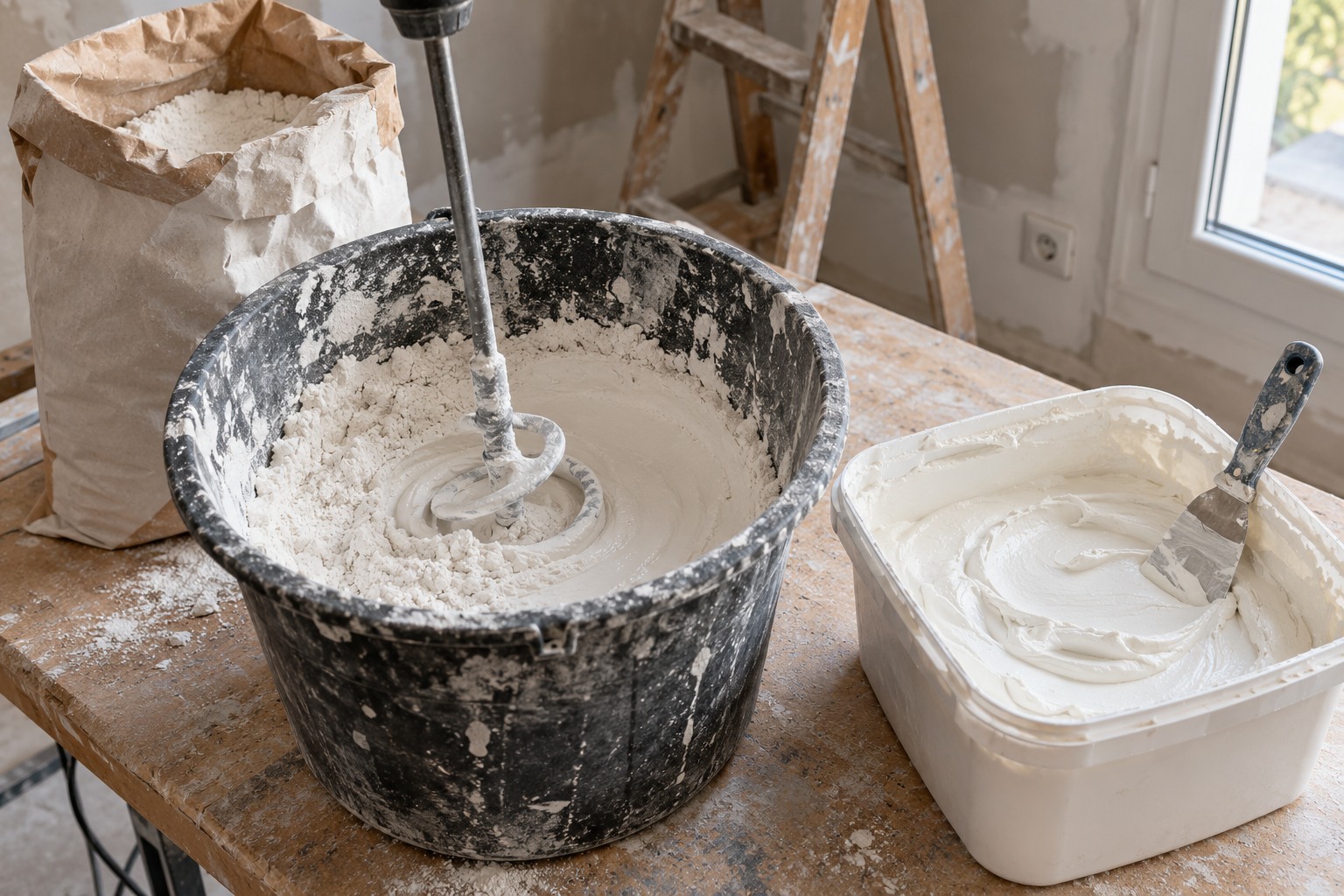 Enduit en poudre gâché dans un seau à côté d'un pot d'enduit en pâte prêt à l'emploi