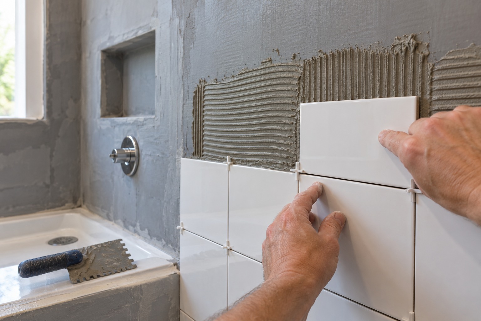 Faïence blanche en cours de pose sur un mur de douche recouvert d'une protection à l'eau grise