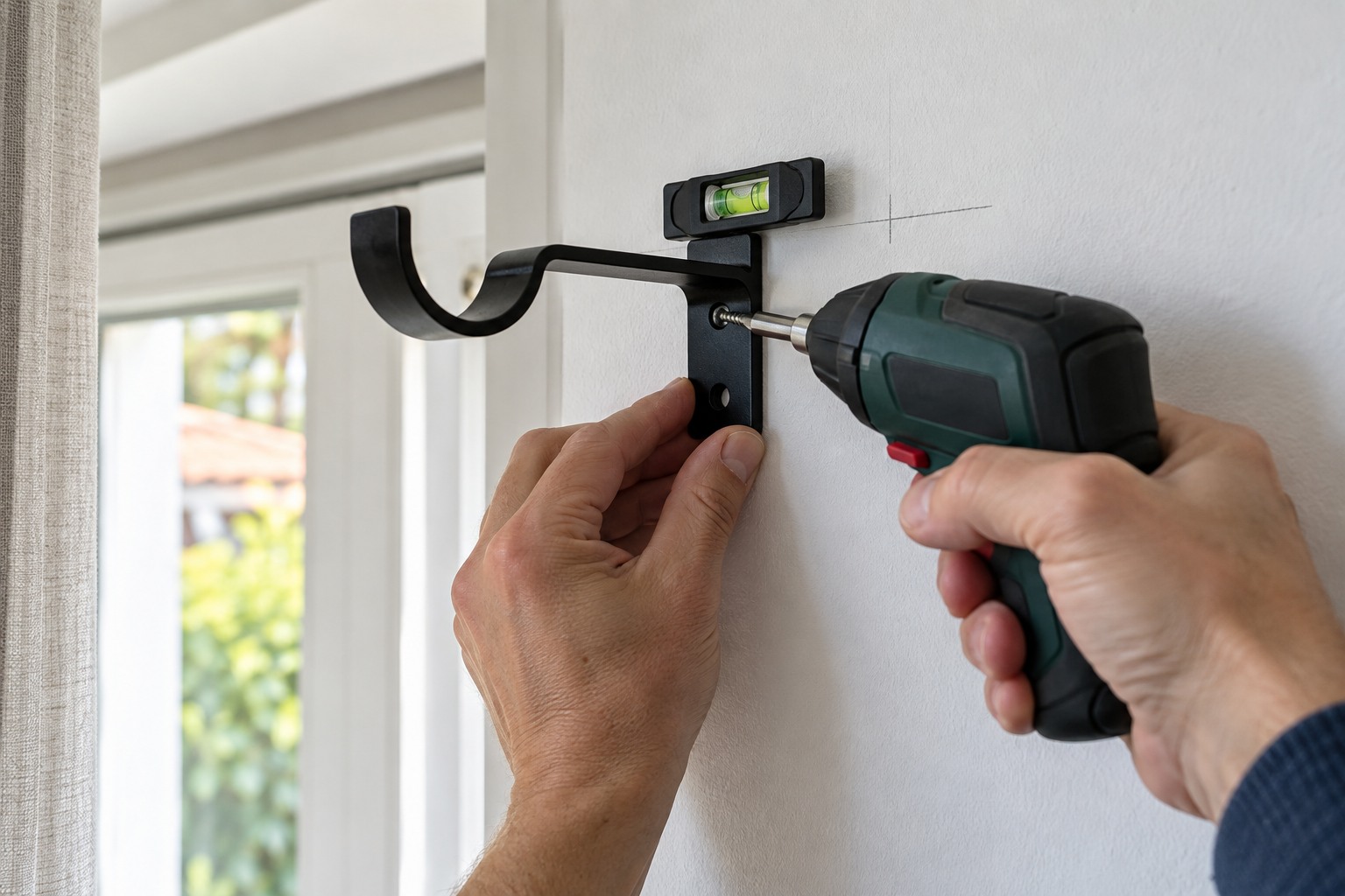 Mains qui vissent un support de tringle noir au mur, un petit niveau à bulle posé dessus