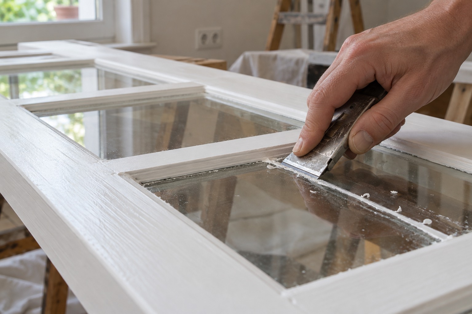 Grattoir à lame tenu à plat sur une petite vitre pour retirer le surplus de peinture le long du petit bois