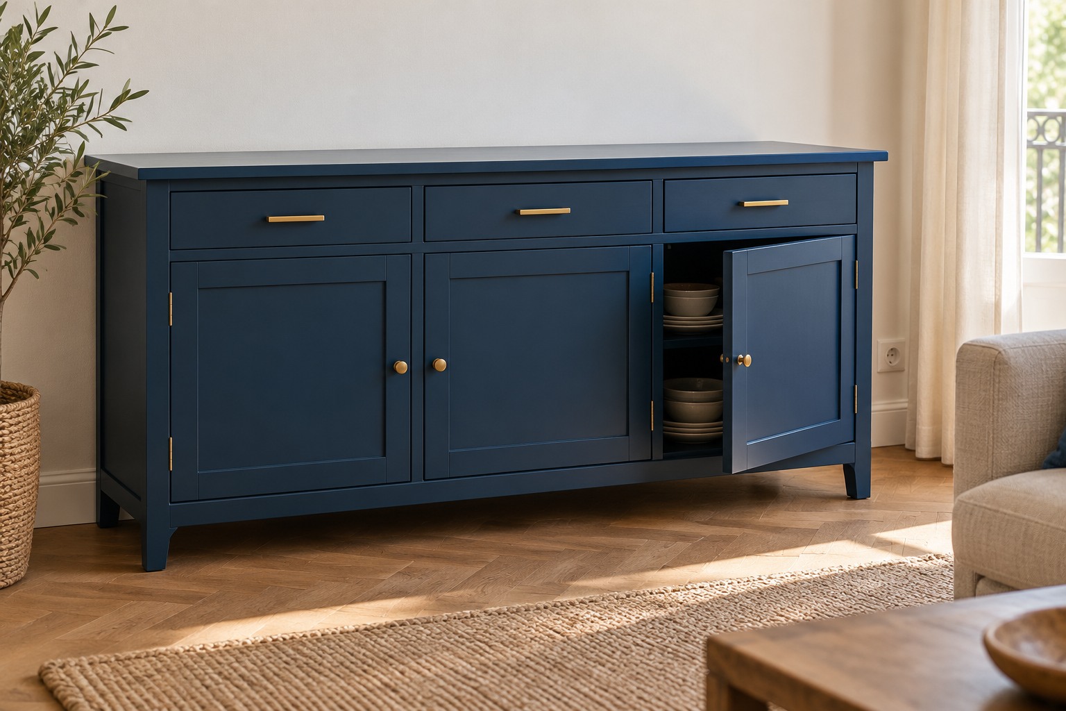 Buffet repeint en bleu profond avec poignées en laiton, dessus laissé vide, une porte entrouverte