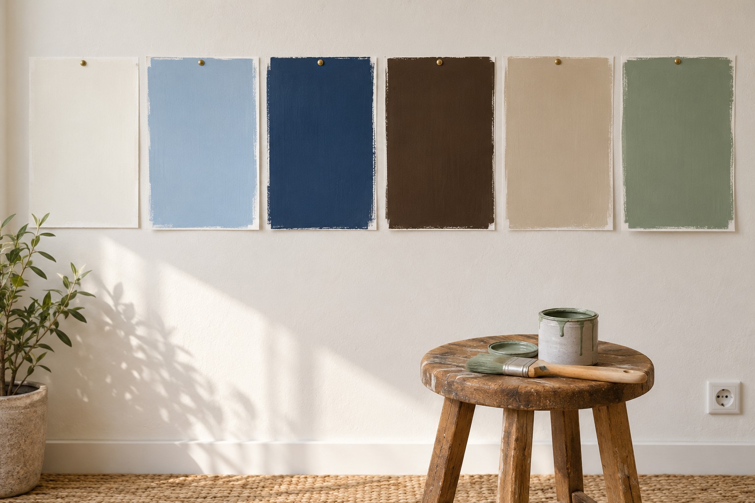 Grands échantillons de peinture fixés au mur : blanc doux, bleu ciel, bleu indigo, brun espresso, kaki et vert sauge