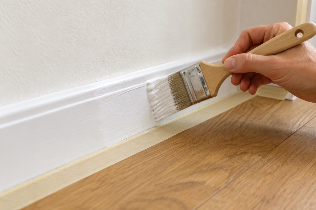 Main peignant une plinthe en bois en blanc avec un pinceau, ruban de masquage posé sur le parquet