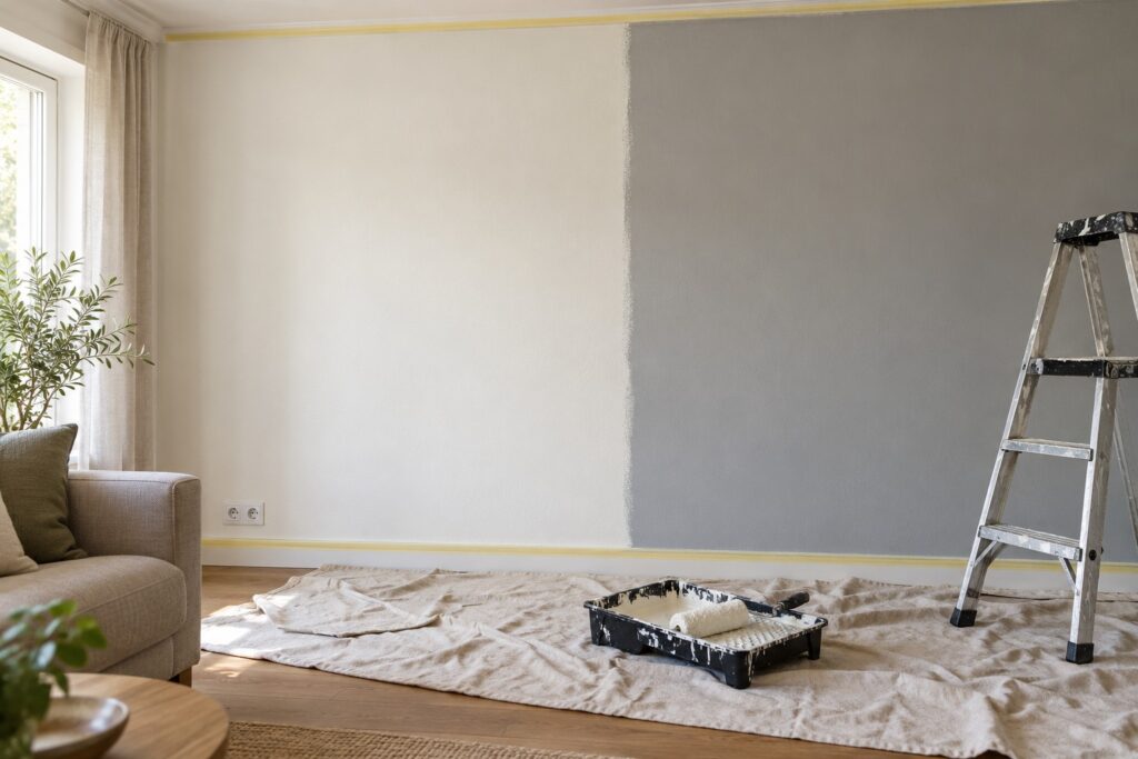 Mur de salon à moitié repeint en blanc chaud, rouleau et bac à peinture posés sur une bâche