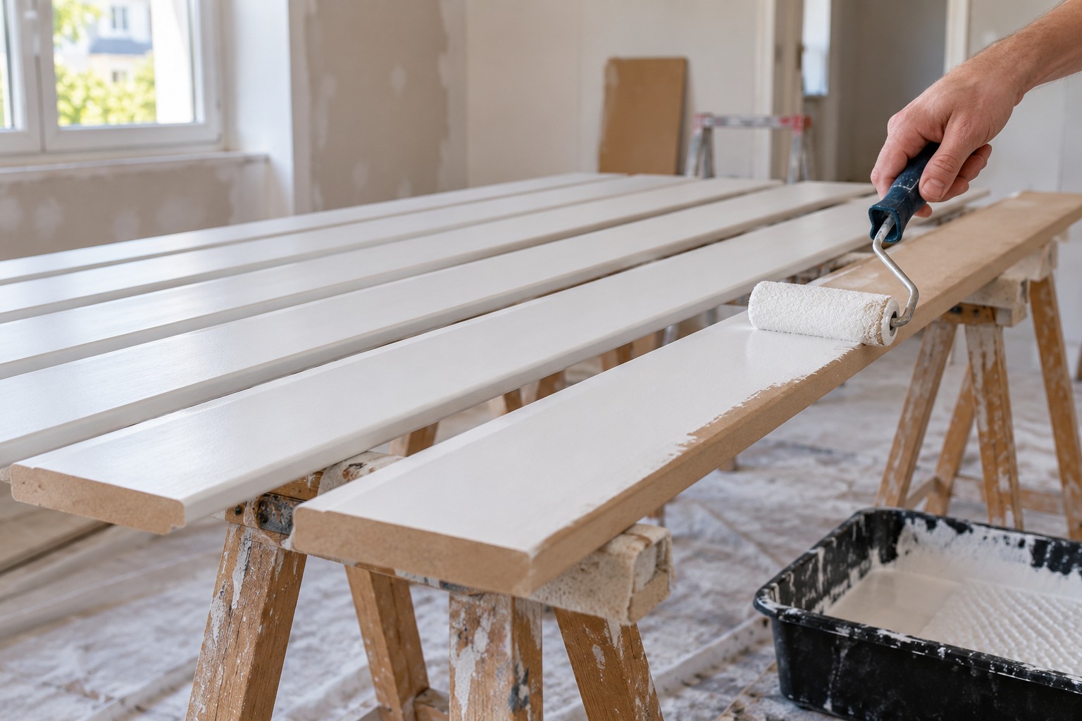 Plinthes en MDF posées à plat sur des tréteaux recevant une sous-couche blanche au petit rouleau