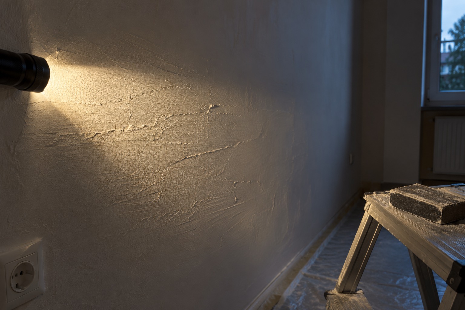 Lampe de poche posée à plat contre un mur enduit, la lumière rasante révélant de petits défauts à poncer