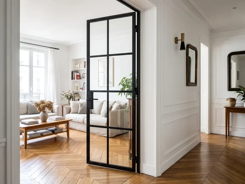 Porte verrière noire battante ouverte entre un couloir et un salon lumineux