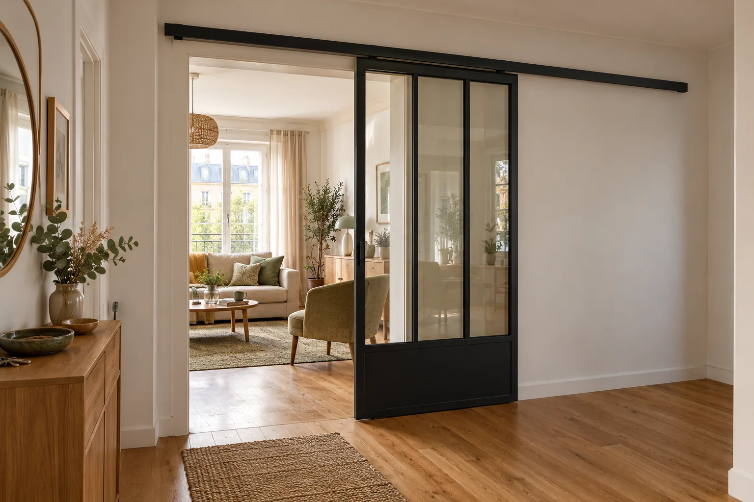 Porte verrière coulissante noire en applique, avec un mur dégagé à côté du passage