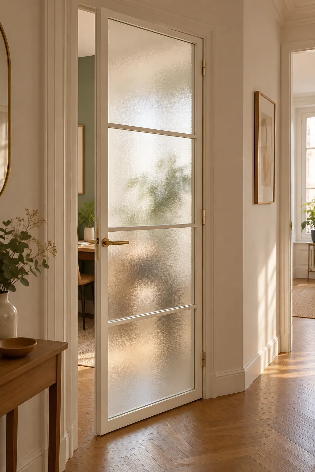 Porte vitrée de bureau aux panneaux dépolis, dans un intérieur aux teintes claires