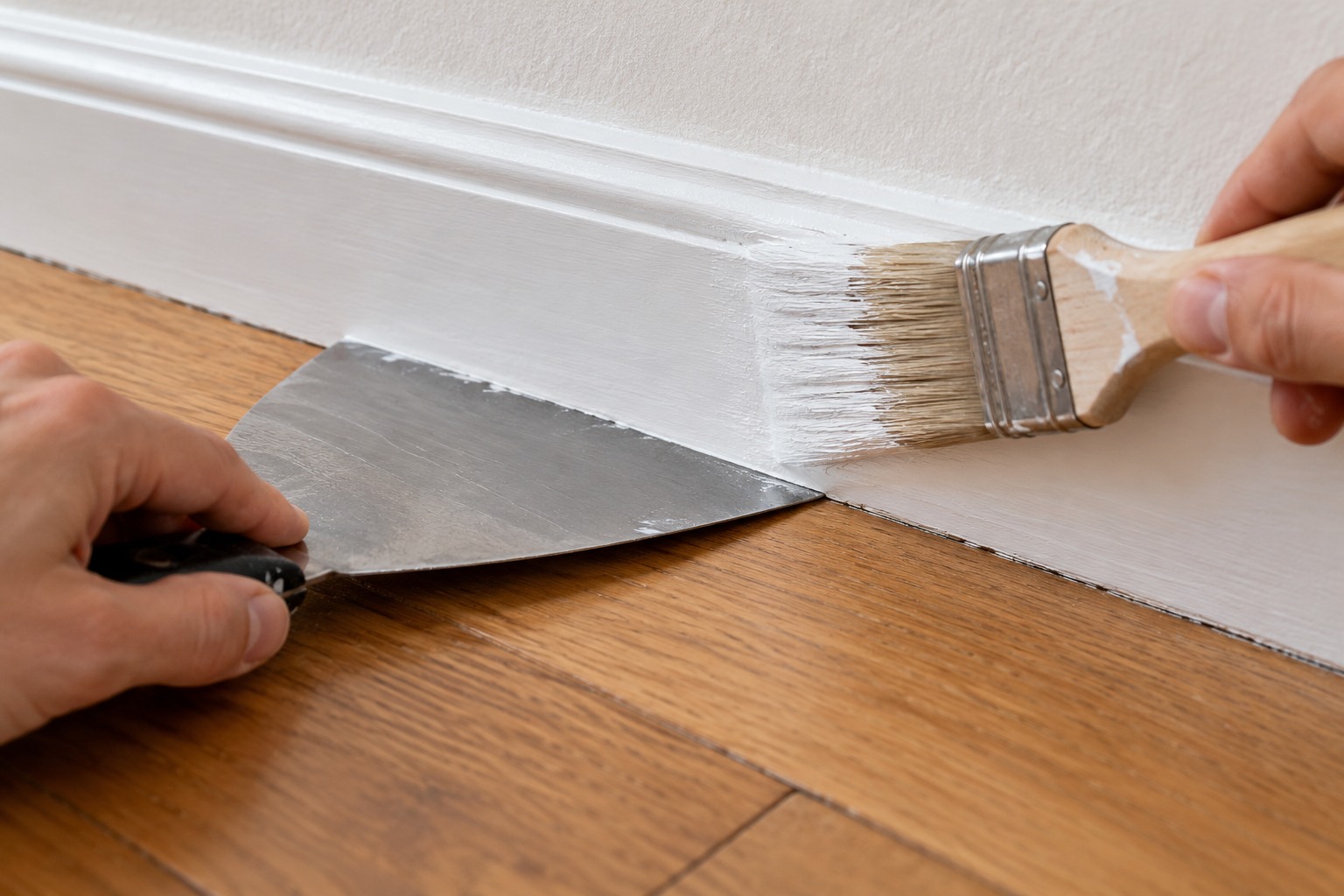 Large spatule tenue contre le parquet sous une plinthe pendant qu'un pinceau peint la plinthe
