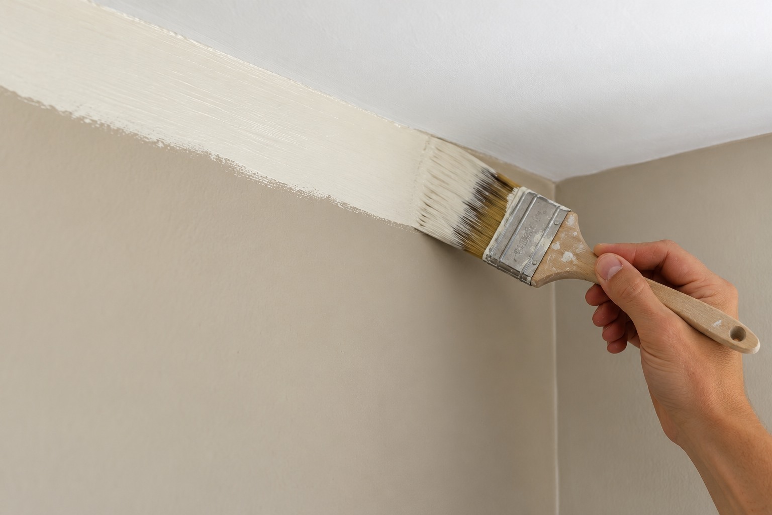Pinceau qui peint une bande nette dans l'angle entre le mur et le plafond avant le passage du rouleau