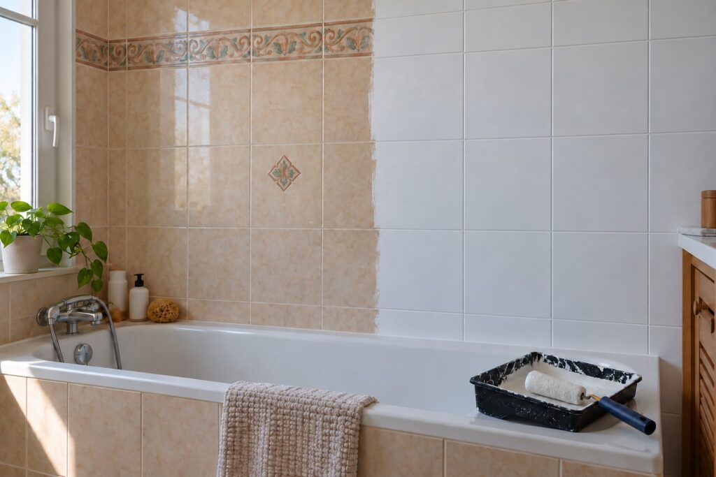 Mur de salle de bain des années 90 au carrelage beige à frise, à moitié recouvert d'une peinture blanche mate