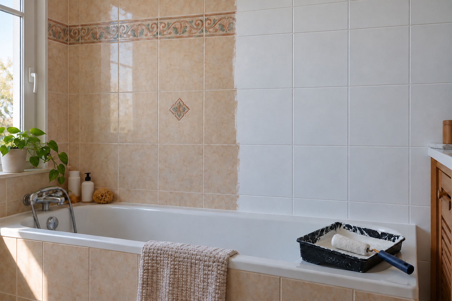 Mur de salle de bain des années 90 au carrelage beige à frise, à moitié recouvert d'une peinture blanche mate