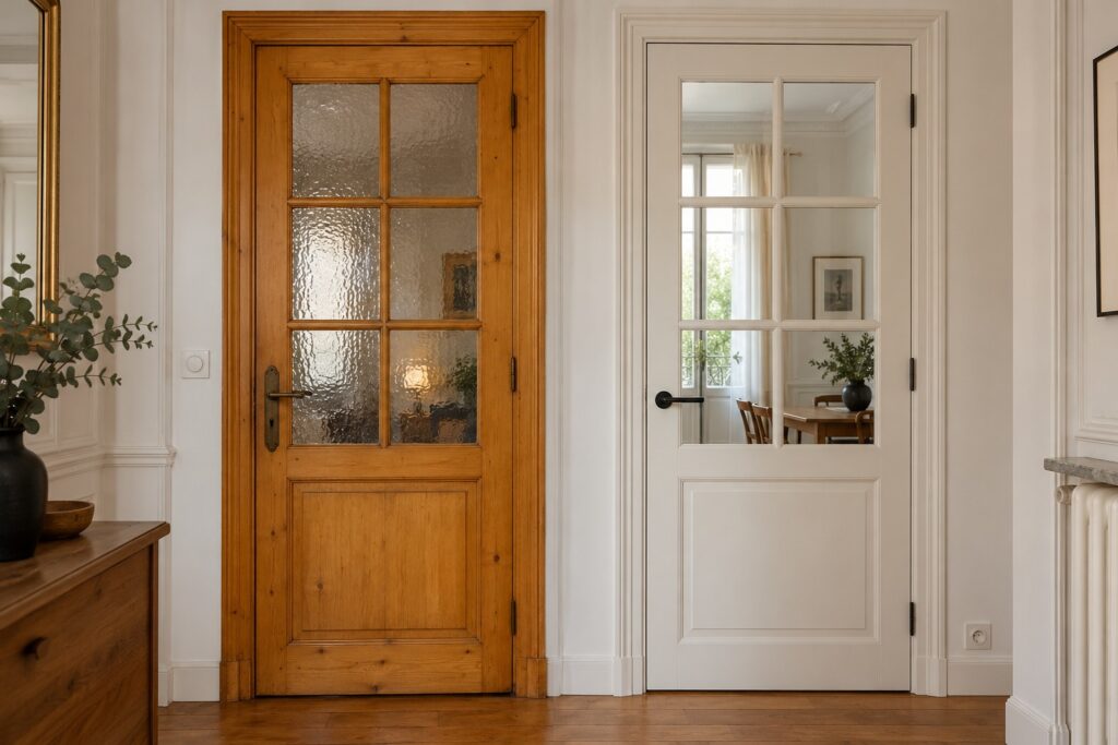Deux portes vitrées à petits carreaux côte à côte : pin verni jaune et verre cathédrale, puis repeinte en blanc avec verre clair