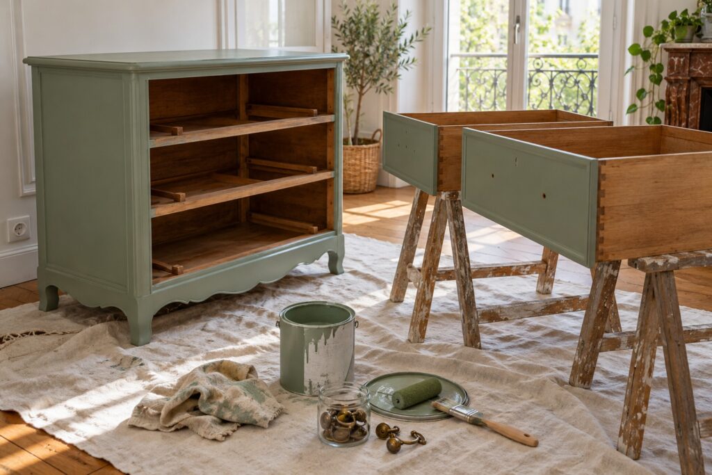 Commode en bois en cours de peinture vert sauge, tiroirs posés sur des tréteaux et poignées dans un bocal