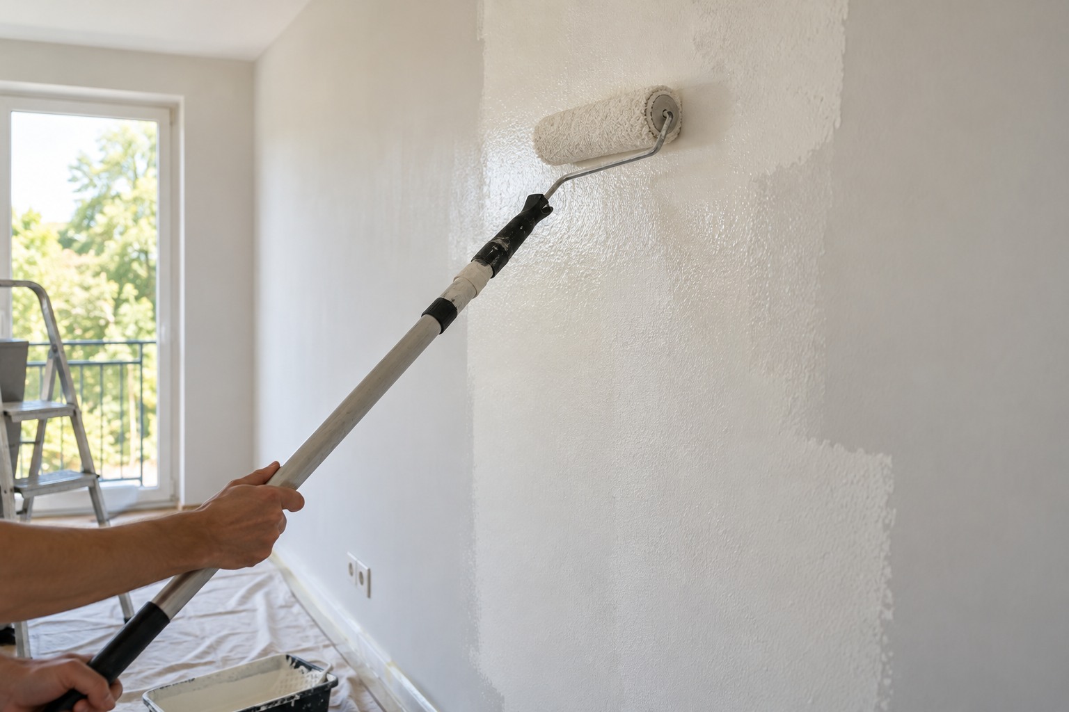 Rouleau sur manche télescopique appliquant la peinture en passes croisées sur une bande de mur