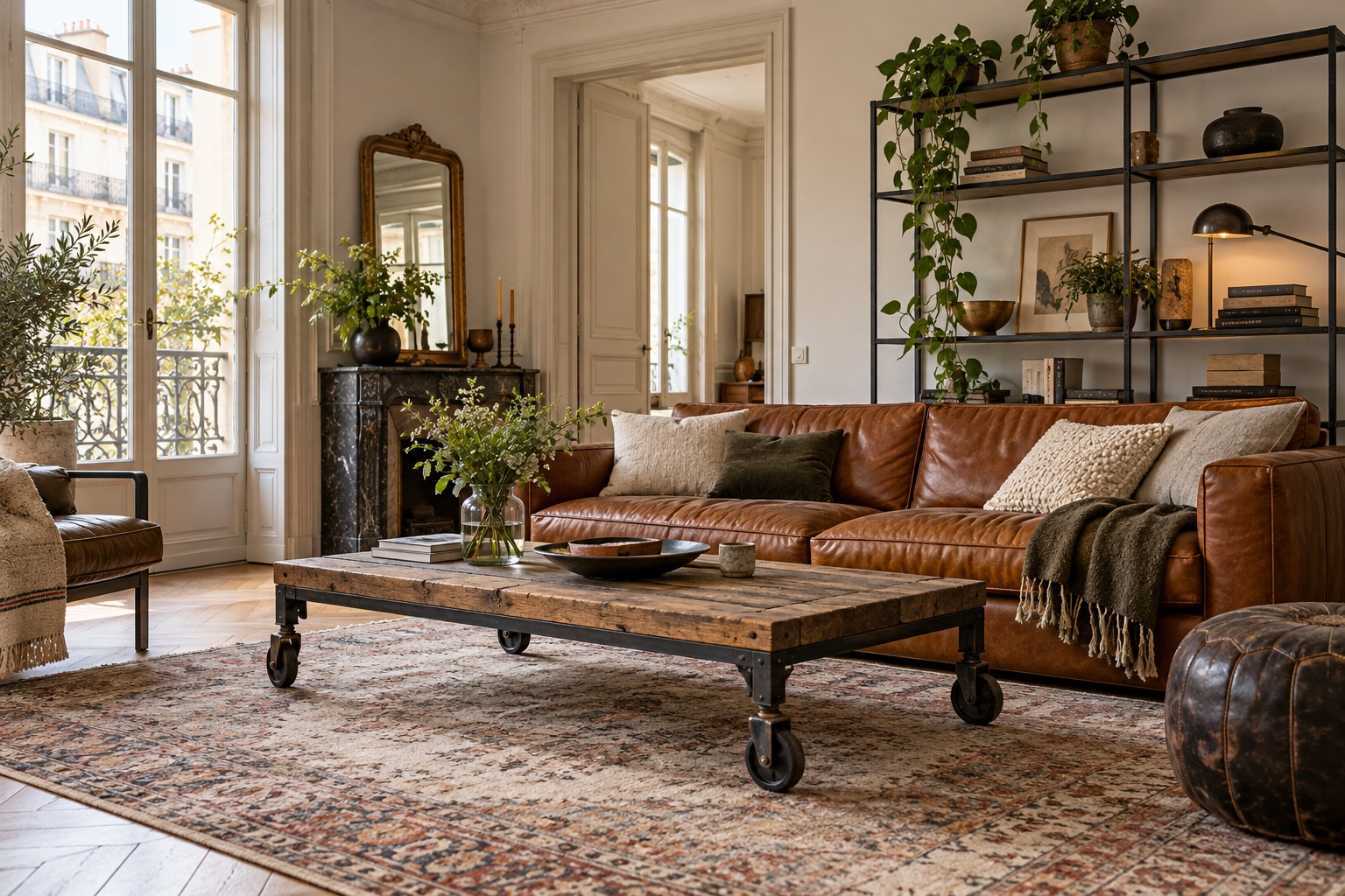 Salon industriel avec canapé en cuir cognac, table basse bois et acier et étagère en acier noir
