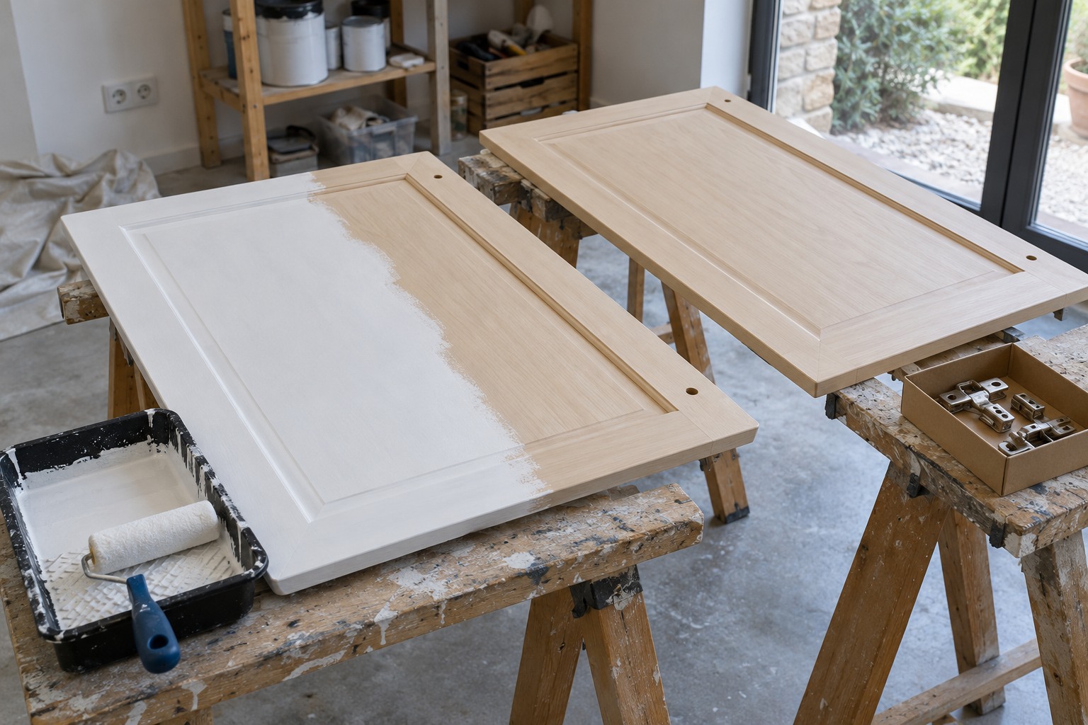 Portes de meuble posées à plat sur des tréteaux, en cours de sous-couche blanche au petit rouleau
