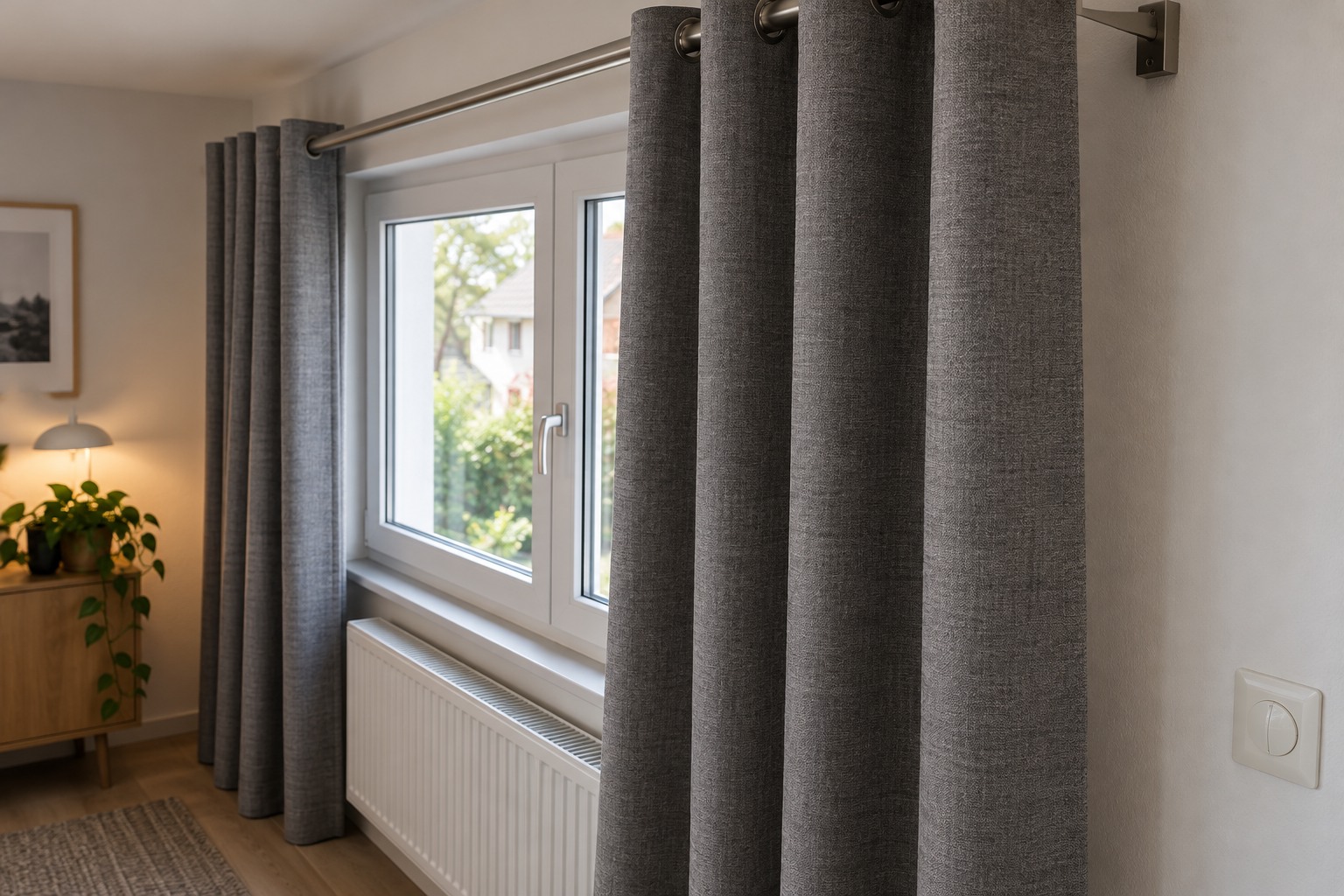 Support de tringle à long déport : le rideau passe devant la poignée de la fenêtre et le radiateur sans frotter