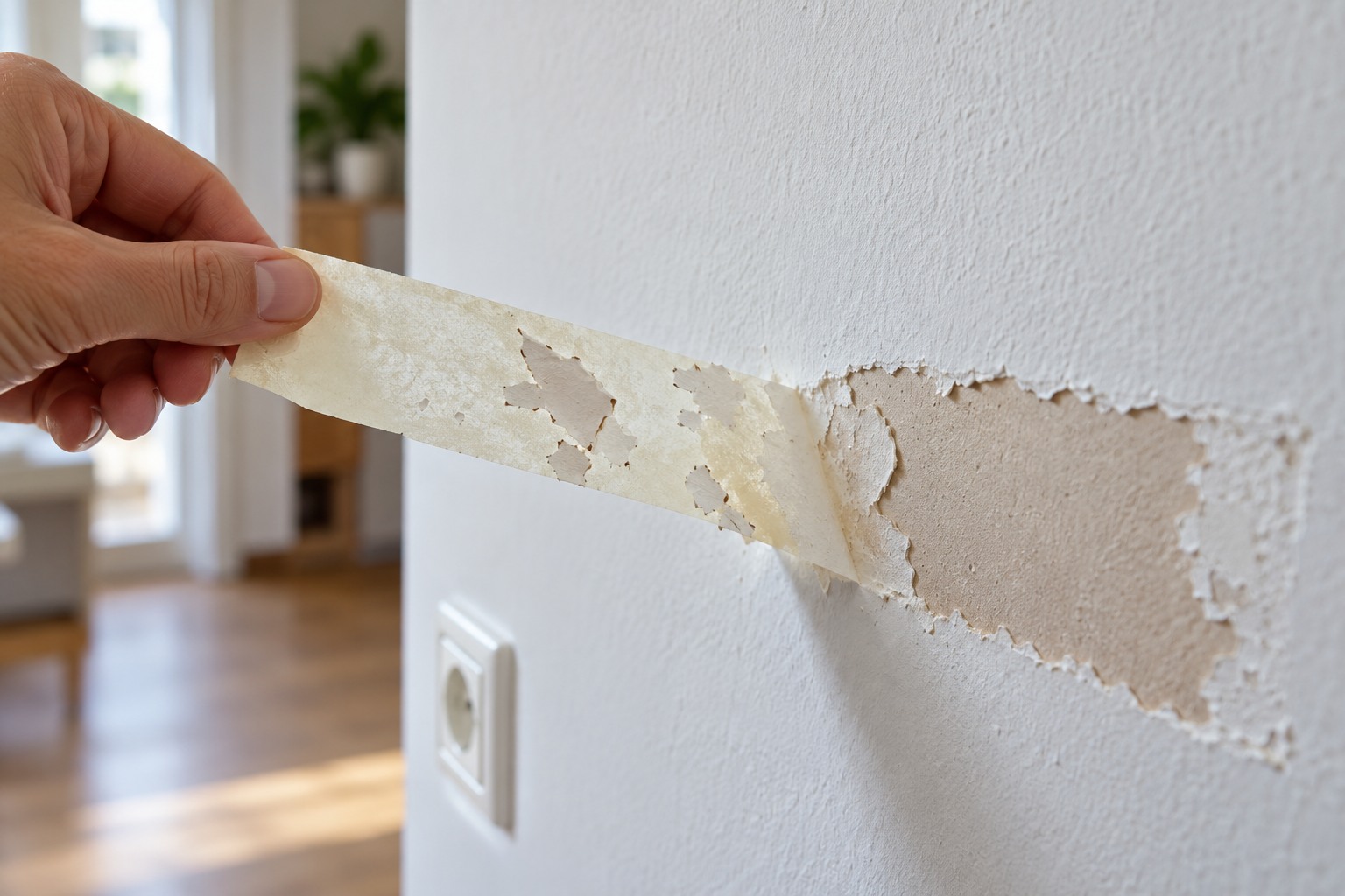 Main qui arrache un ruban adhésif d'un mur peint, des écailles de peinture restées collées dessus