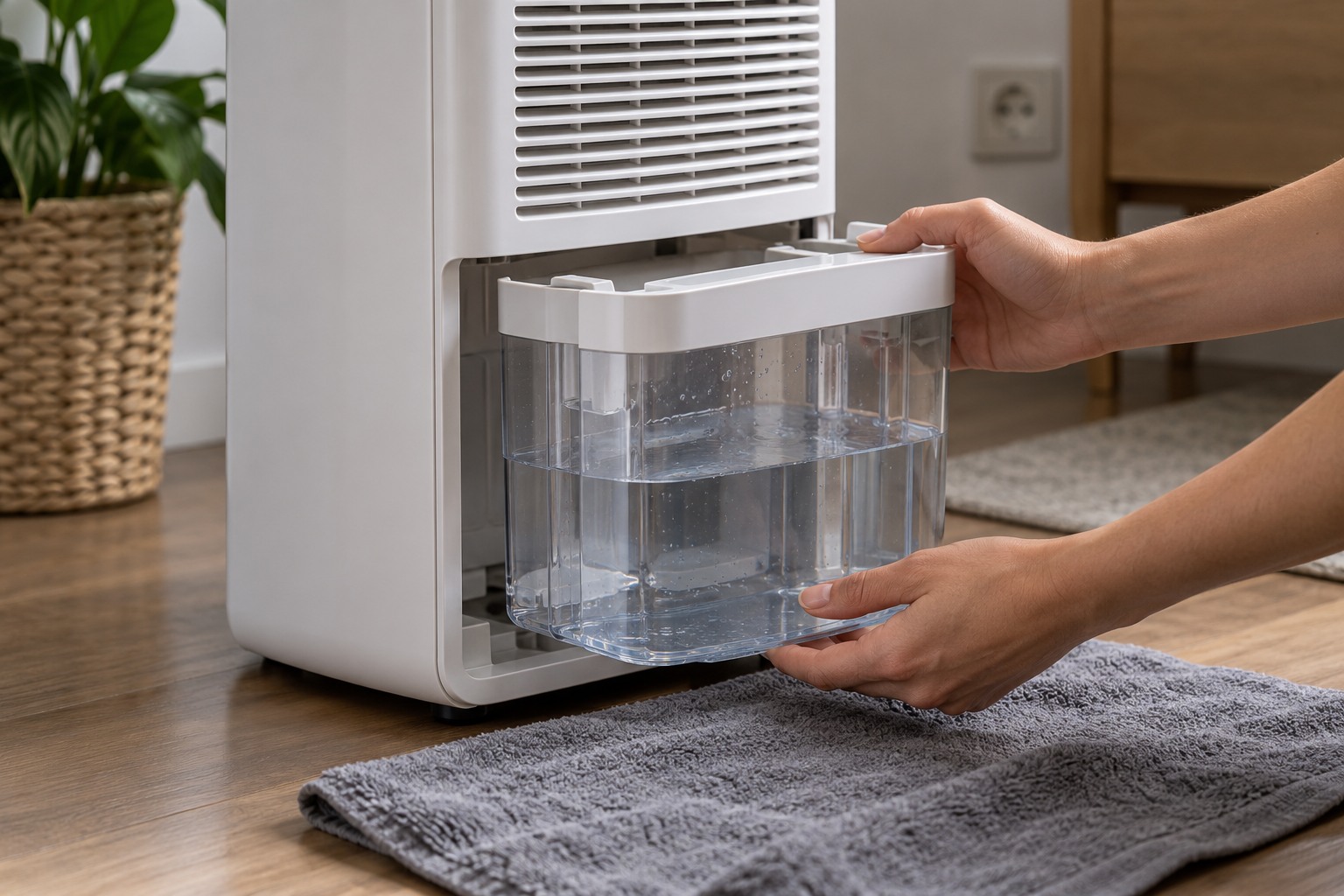 Mains qui retirent le réservoir d'eau à moitié plein d'un déshumidificateur compact